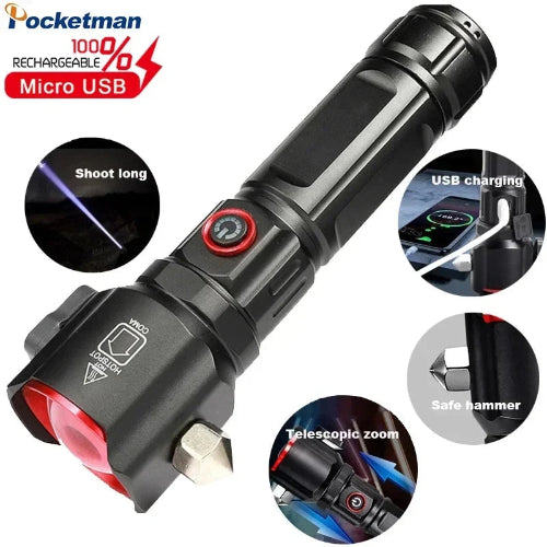 LED Flashlight-Multi-functional Rechargeable High Power Flashlight with Emergency Hammer