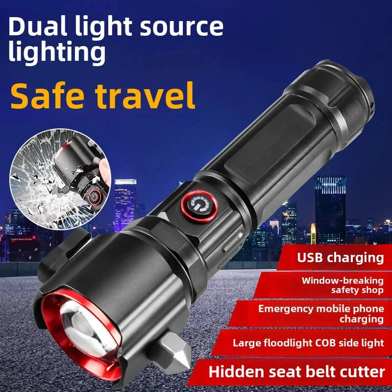 LED Flashlight-Multi-functional Rechargeable High Power Flashlight with Emergency Hammer